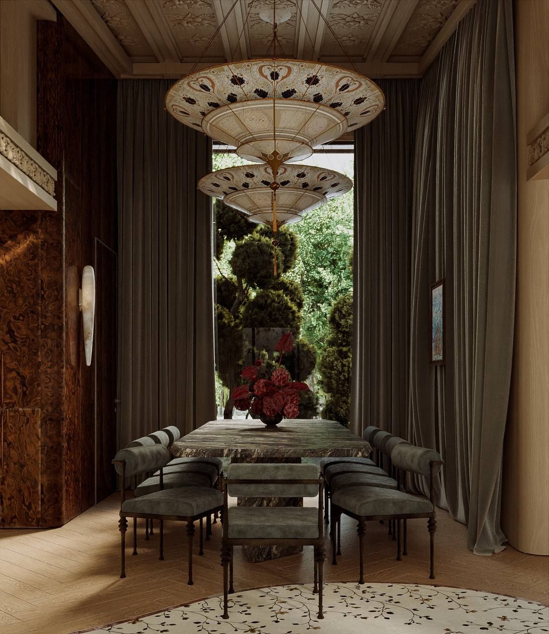 Проект студии — столовая с лампами Fortuny и столом из зелёного мрамора