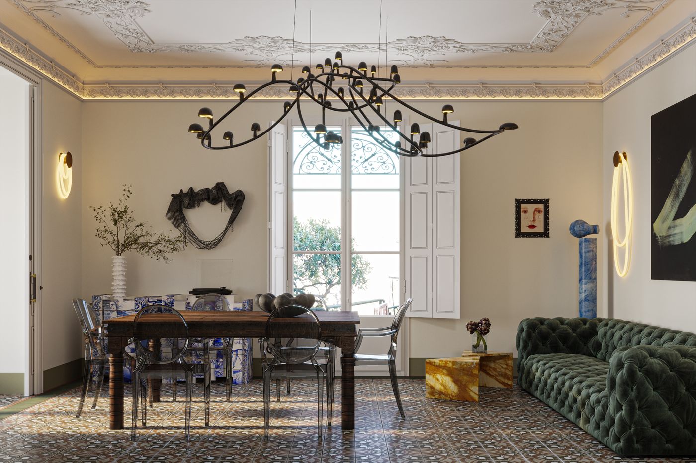 Villa Rosa · Барселона — столовая: лепной потолок, азулежу, старинный стол