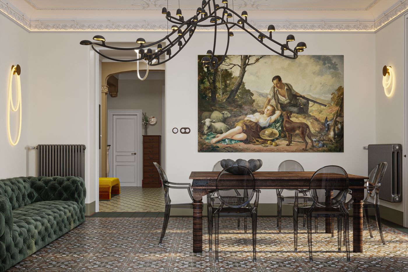 Villa Rosa · Барселона — столовая с бархатным честерфилдом и живописью
