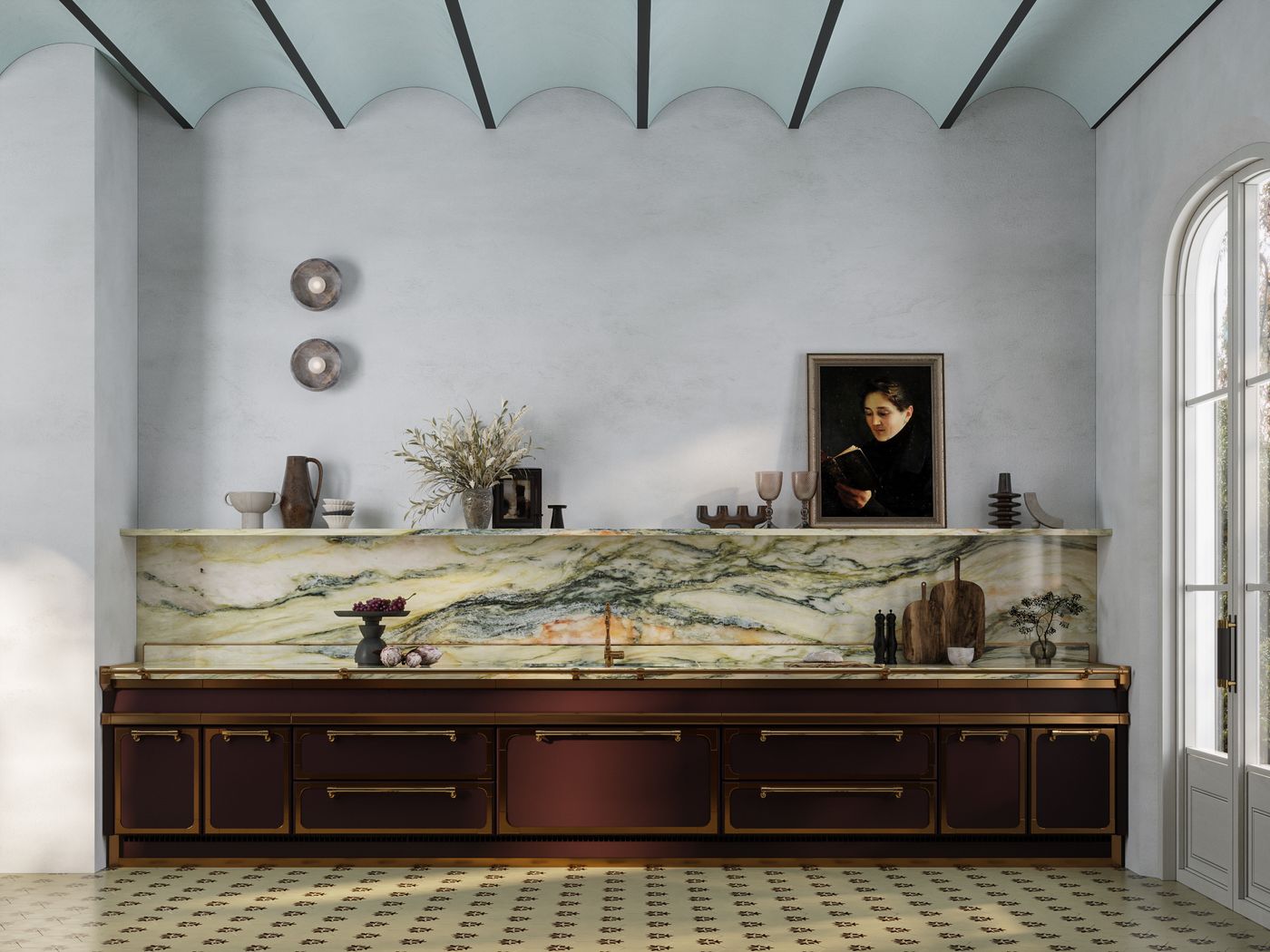 Кухня Villa Rosa: бордовые фасады с латунью, столешница из зелёного мрамора, живопись и свет как инструменты Васту-решения