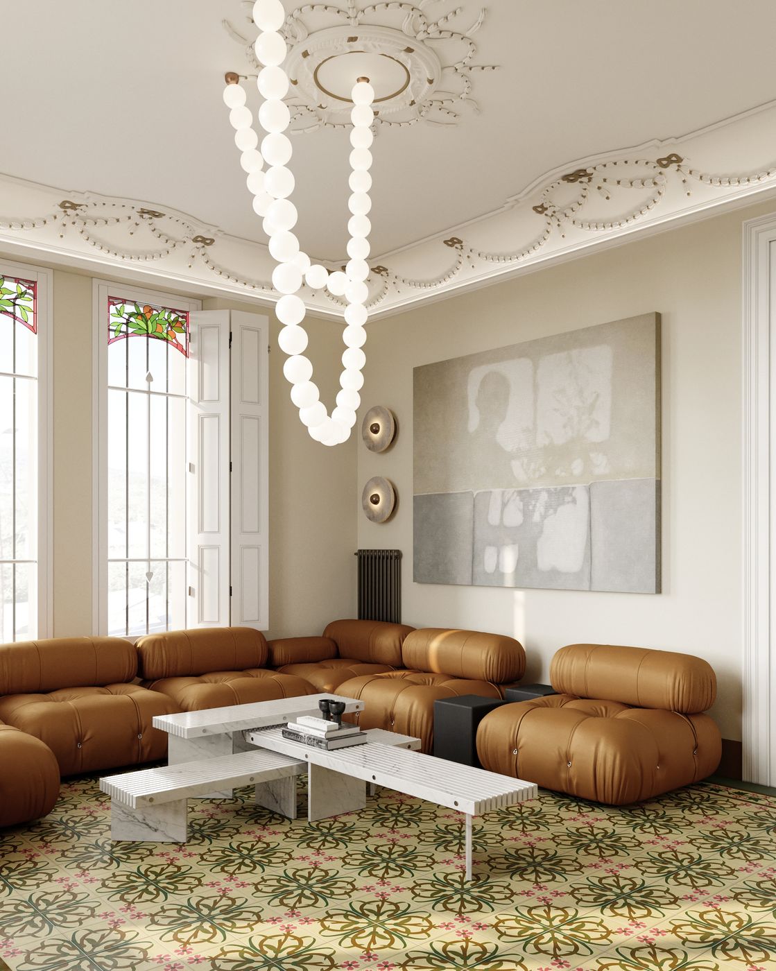 Villa Rosa · Барселона — гостиная с витражами и модульным диваном