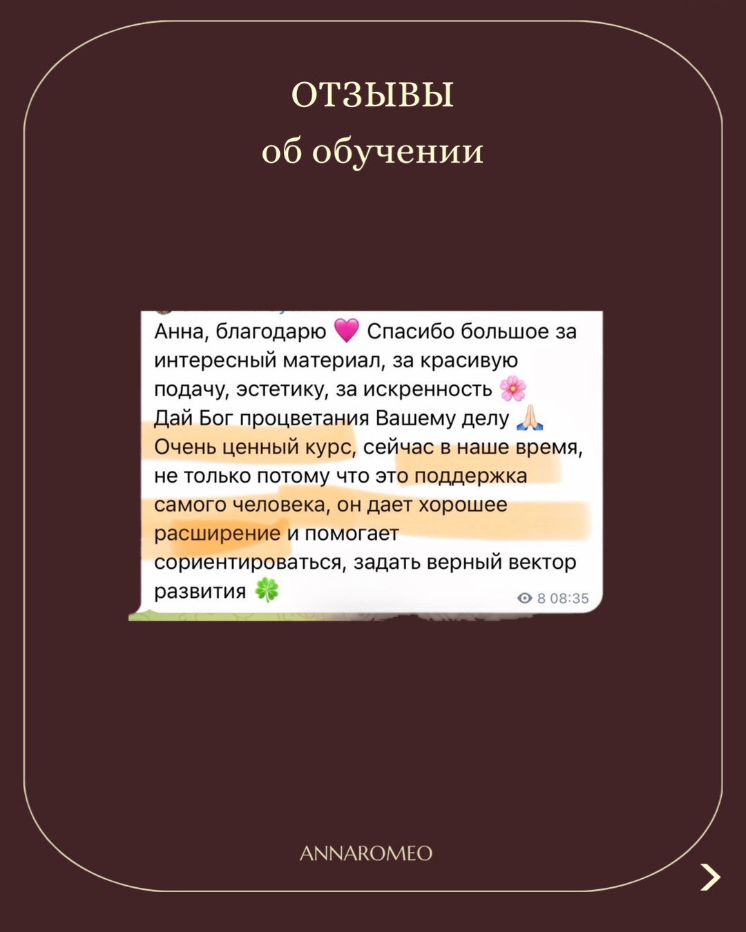 Отзыв об обучении — скриншот сообщения ученицы из чата (12 из 17)